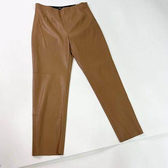 Zara Leggings Womens XL Faux Leather Pants Skinny High Rise Tan Camel Zipper - Picture 1 of 11